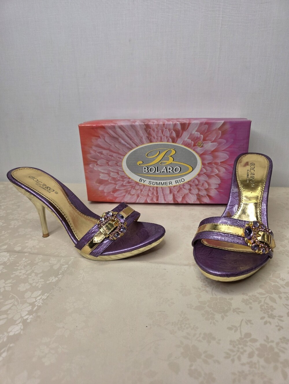 Bolaro by Summer Rio Purple Metallic Jeweled Slide Sandals Stiletto Heels Sz 7.5